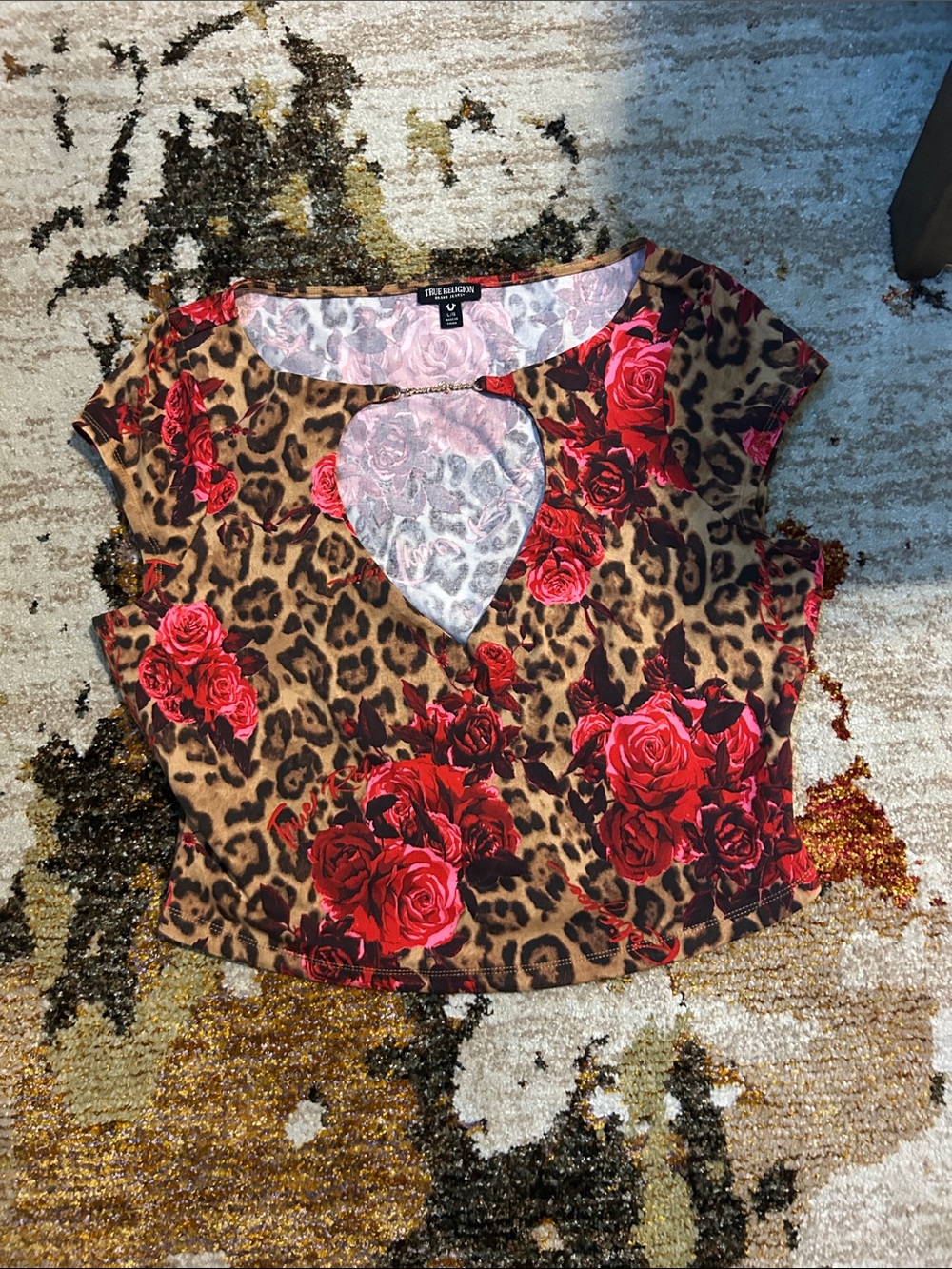True Religion Mixed Floral & Leopard Chain-Trim Tank Top — Pink, Red, Brown